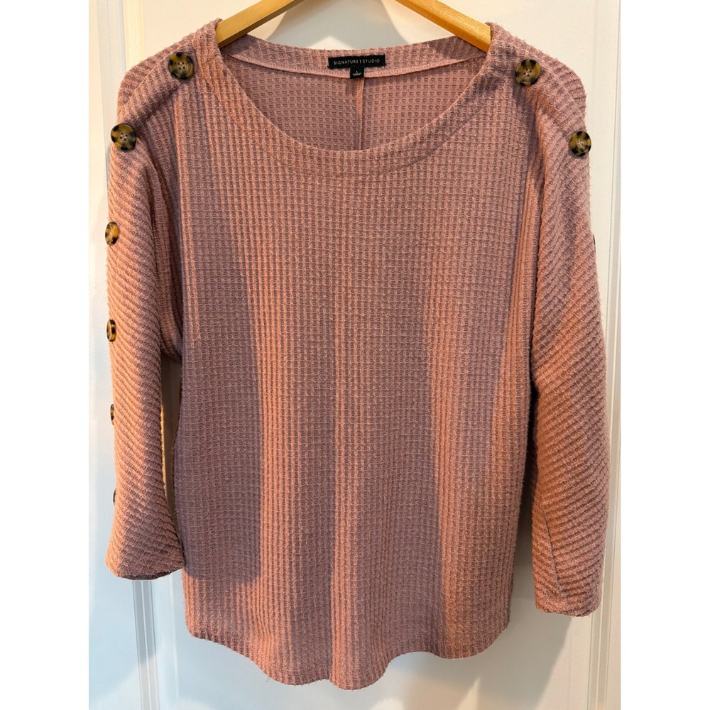 Signature Studio Mauve Waffle Knit Button Sleeve Top Large